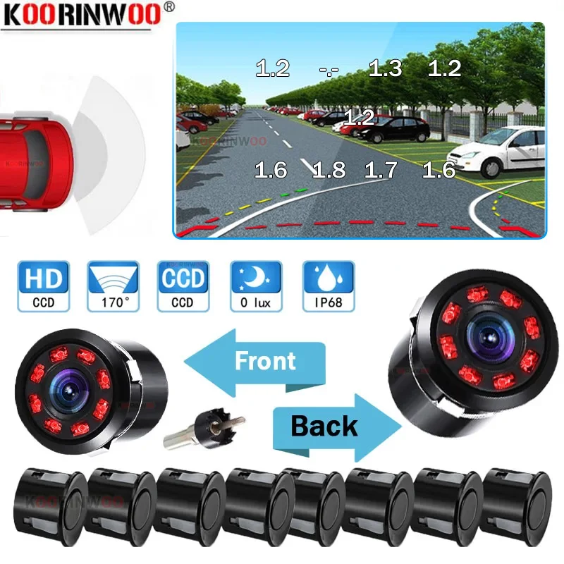 

Koorinwoo Dual CPU CCD Intelligent System Vehicle Parking Sensors 8 Rear + Front Probe 22mm Radar Detector For Car Android Radio