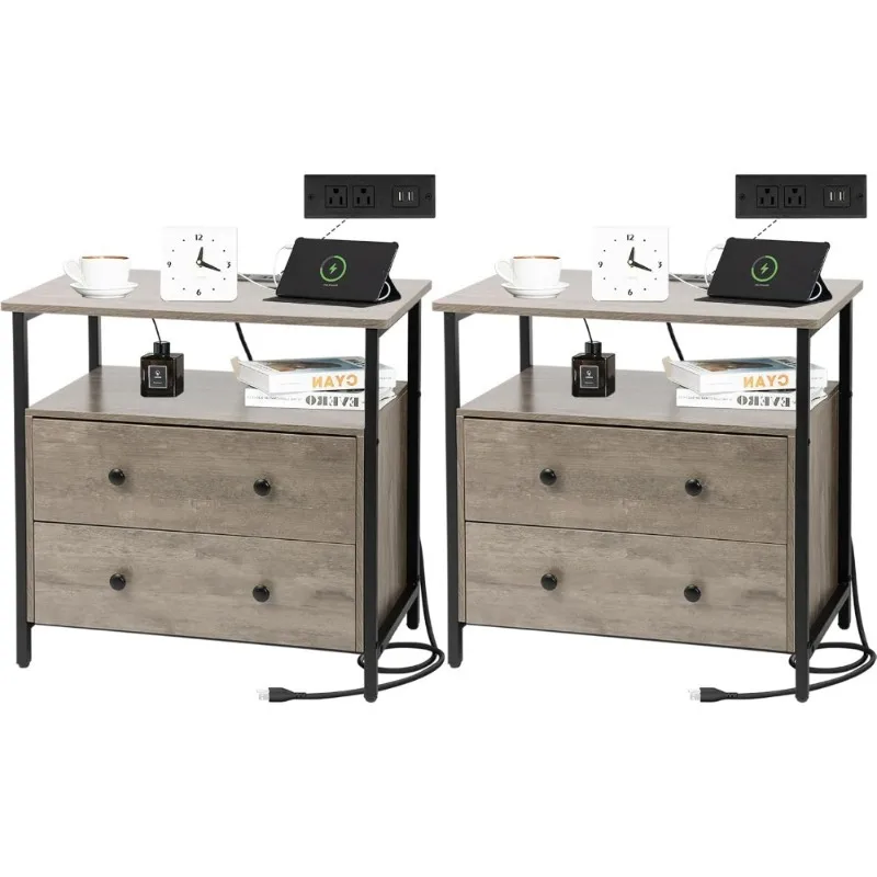 منضدة مقاس 27 بوصة مع قاعدة شحن ودرجين وطاولة بجانب السرير ورف مفتوح للتخزين باللون الرمادي، مجموعة من 2 #1