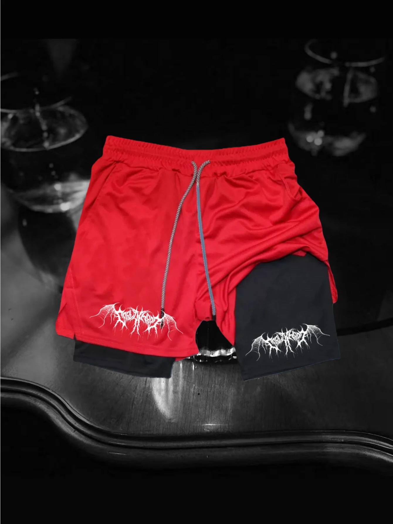 Men's casual style, deep black metal texture, bat thorn font print, street style