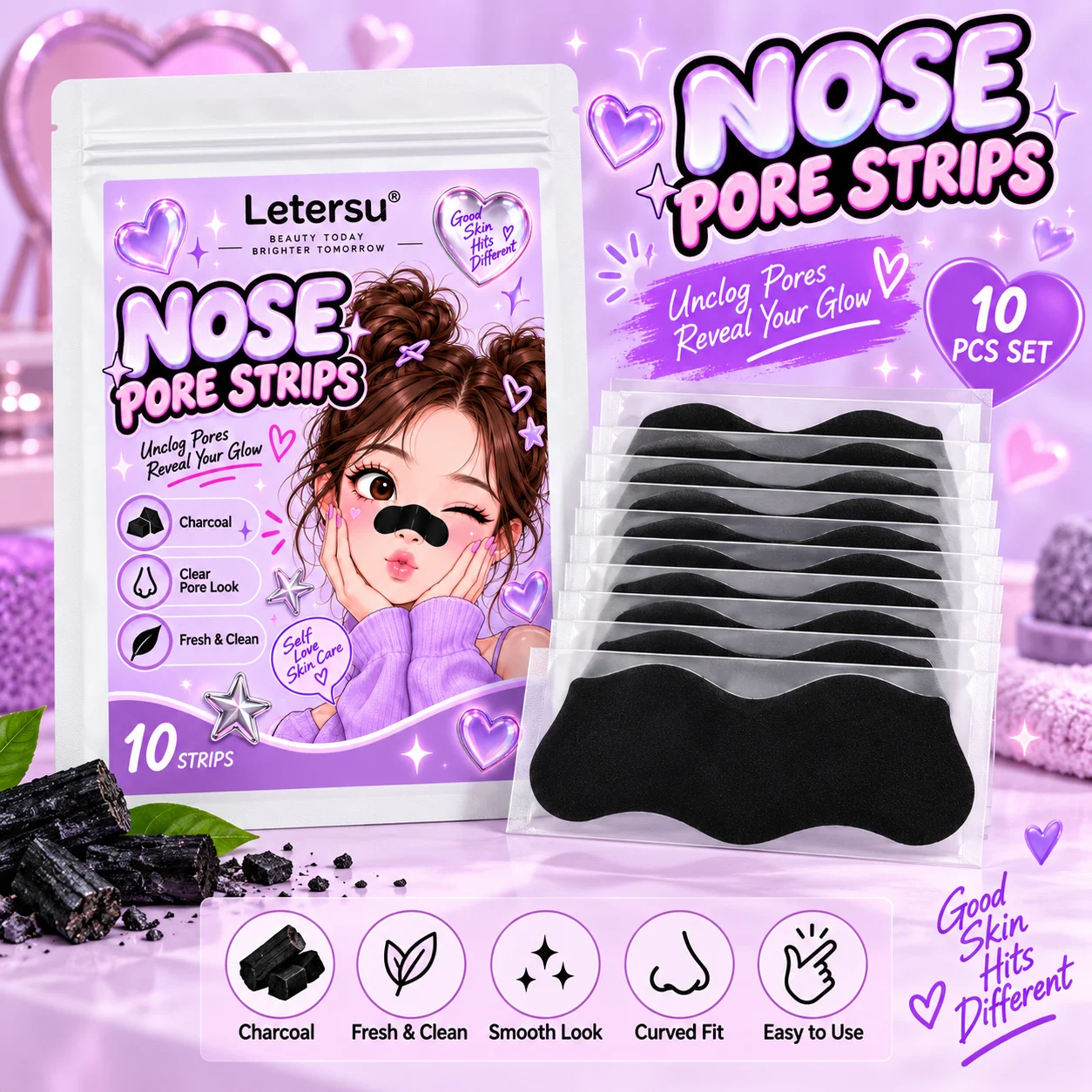 10PCS Charcoal Nose Pore Strips, Deep Cleansing Blackhead Nose Patches, Smooth Look Curved Fit Easy Use for Men Women