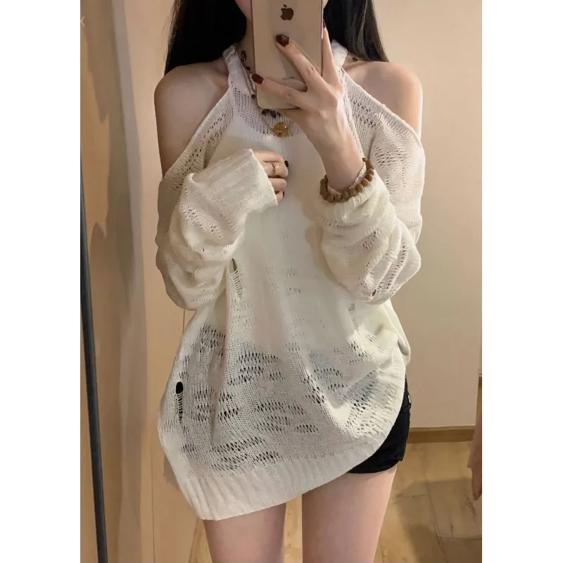 

Off Shoulder Hollow Out Knit Sweater Women Y2k Korean Chic Holes White Jumper Summer Thin Female Knitted Cover Up