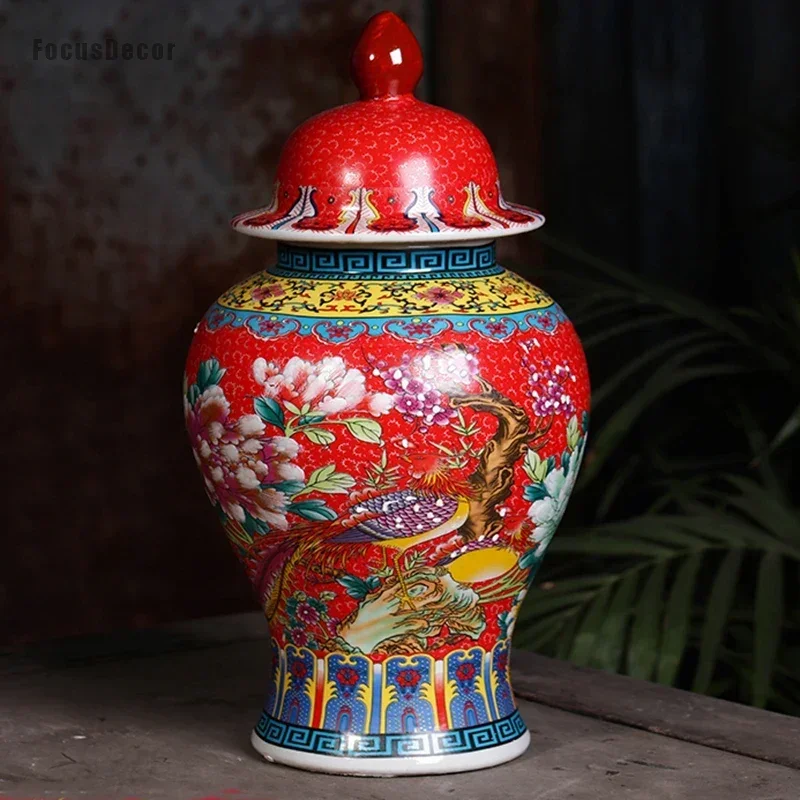 Chinese Decorative Porcelain Ginger Jar, Red Flower and Bird Retro Palace Style Vases, Home Decor, Table Vase, Centerpieces