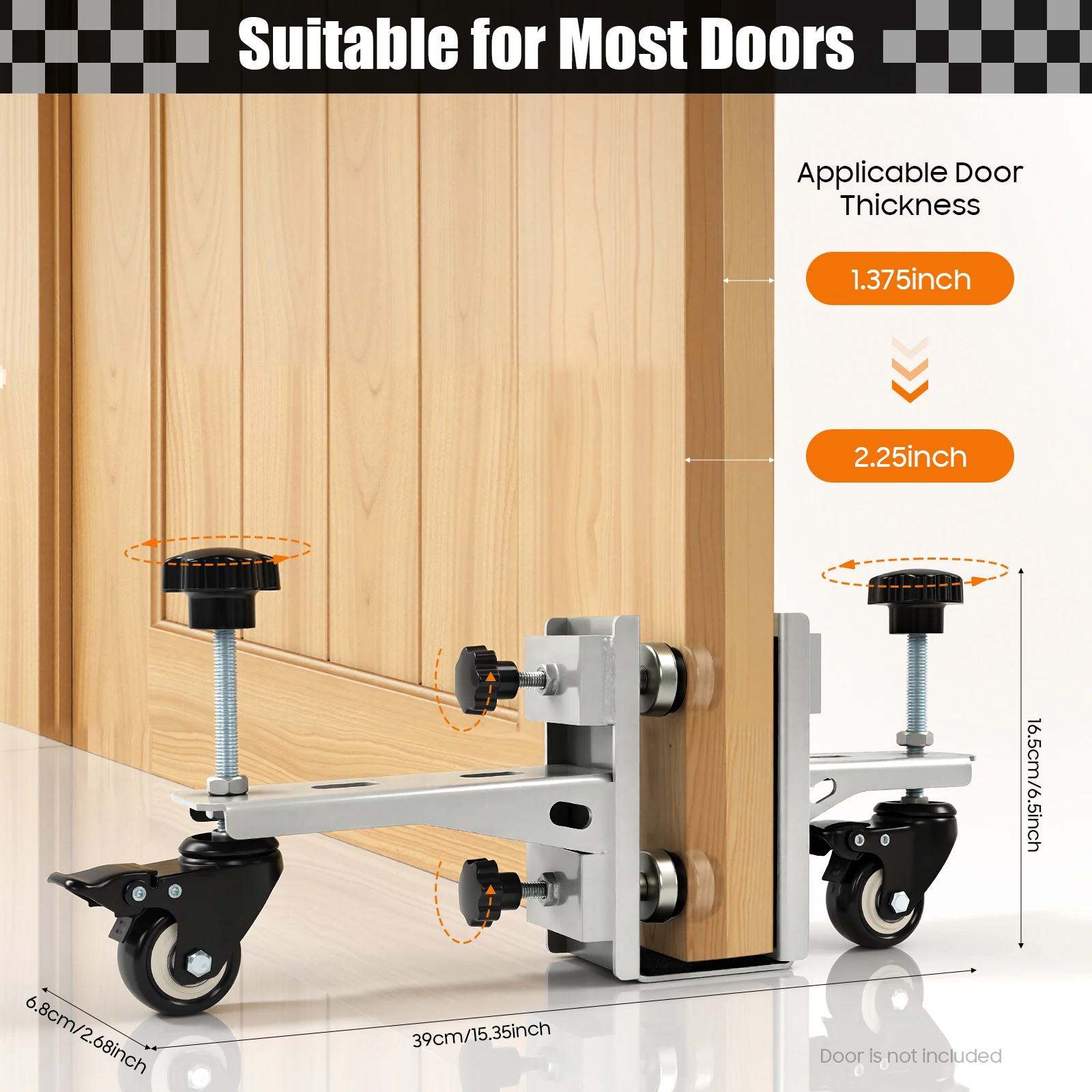 2-Piece Adjustable Door Installation Tool – Heavy-Duty, 300lbs Capacity, Rotating Wheels with Brakes, Fits 1.375-2.25in Doors, Non-Slip Pads, Easy Height Adjustment, Ideal for Professional & DIY Use
