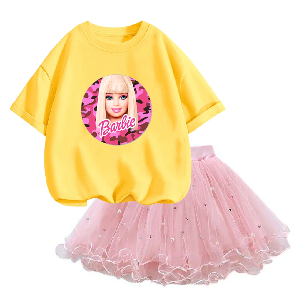 2024 Summer Barbie Print baby Suits Short-sleeved T-shirt and Tulle Skirt 2Pcs Sets Girls Party Clothes Outfits