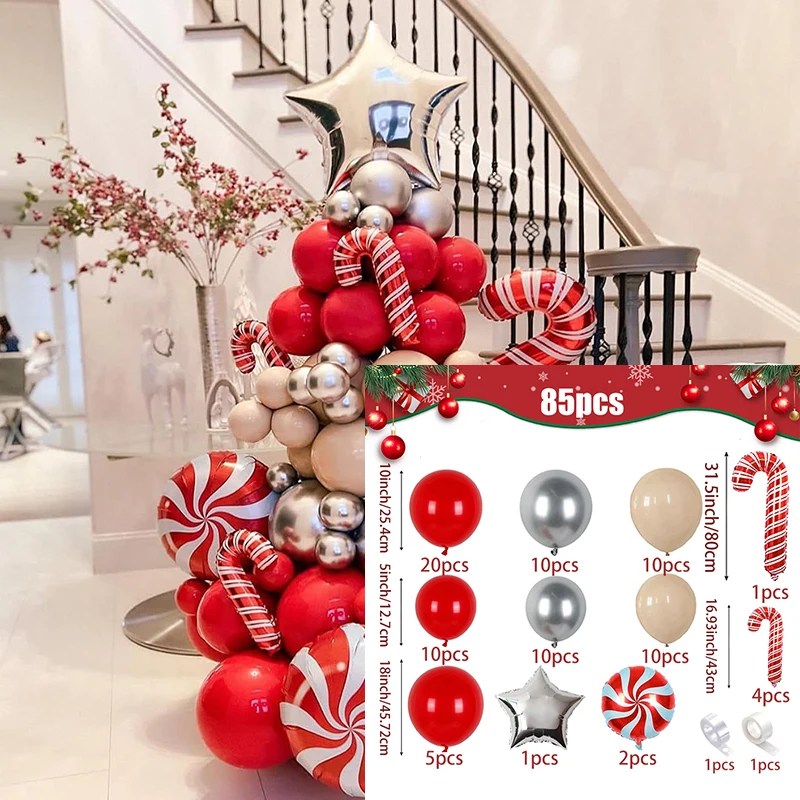 مجموعة بالونات عيد الميلاد مكونة من 85 قطعة، بالونات من رقائق الحلوى باللون الأحمر والأخضر والأبيض لعيد الميلاد والعام الجديد، مجموعة إكليل على شكل فيونكة #3