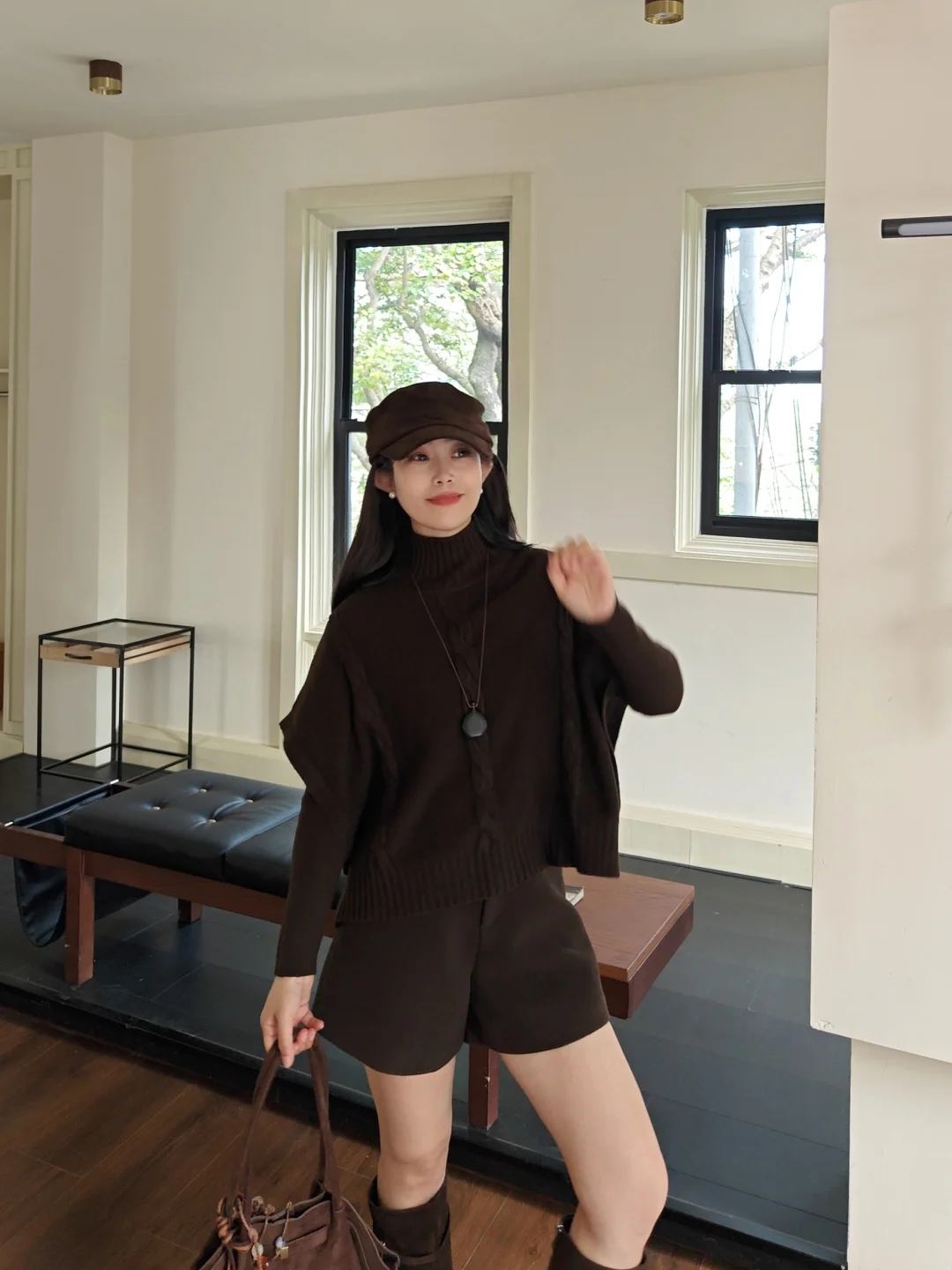 

Cherry Vanilla Warm Winter Twisted Knit Long Sve Women's Sweater Set Slimming Two-Piece High Collar Loose Fit Maxi Length