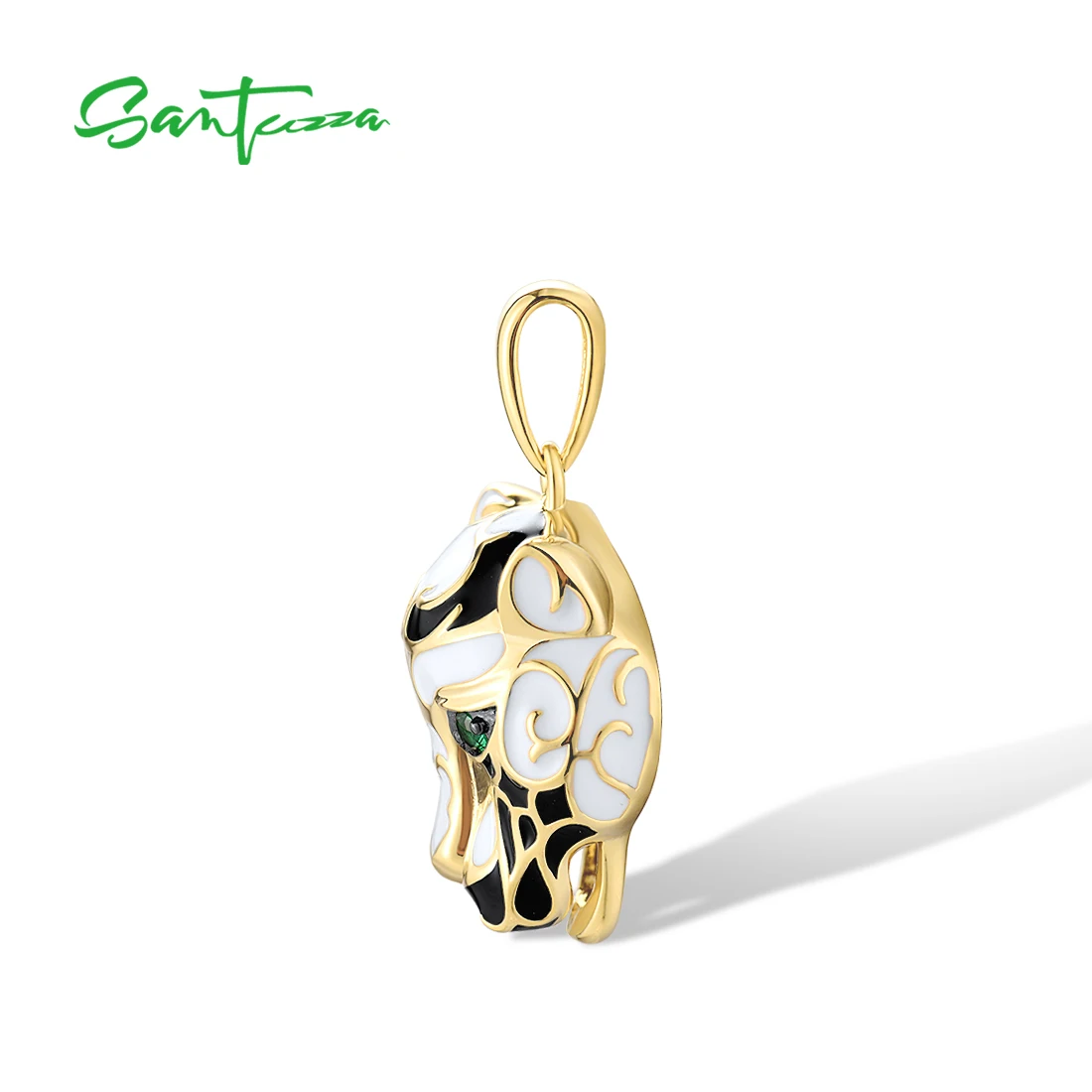 SANTUZZA Genuine 925 Sterling Silver Black&White Leopard Pendant for Women Green Spinel Neutral Style Edgy Fine Jewelry Enamel