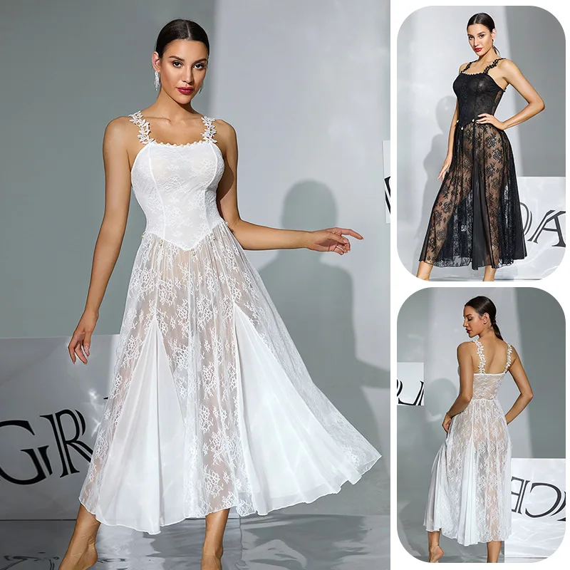 2026 Hot Selling Exquisite Lace Splicing Mesh Flower Shoulder Strap Pearl Waist Home Sleeping Skirt for Women