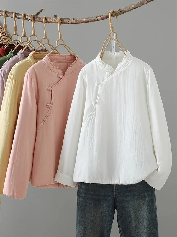 

New Chinese Sle Thiened Cotton Jaet Women's Winter Clothes Warmth Svel Gored Collar Loose Fit Zen Spirit Cotton Coat