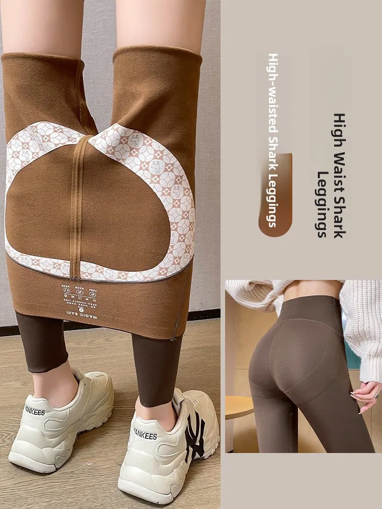 

High Waist Thiened Yoga Pants Women's Outerwear arkskin Trousers Winter Fce Lined Warm Pants Non Slip Elastic