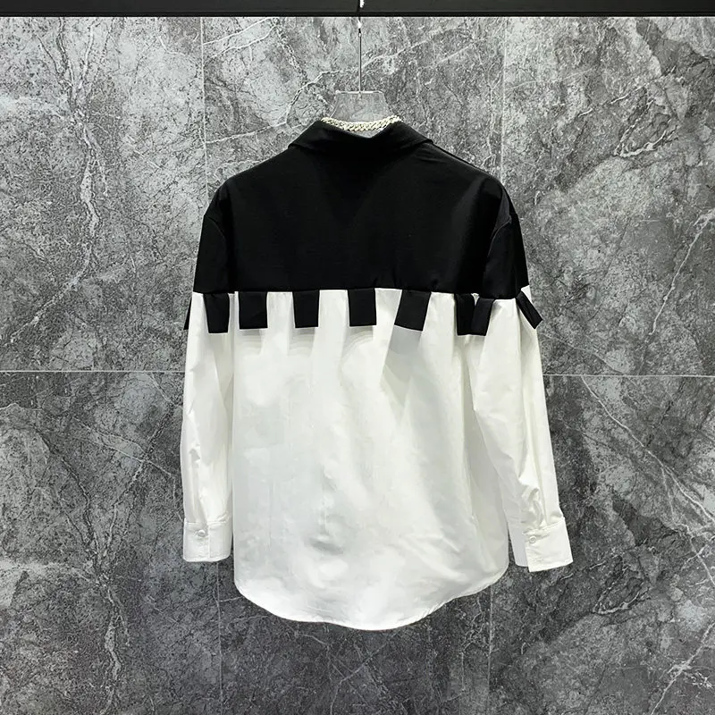 2026 Handsome Patchwork Shirt Men Trendy Design Loose Long Sleeved Shirt Casual Social Street Wear Party Stage Dance Clothing