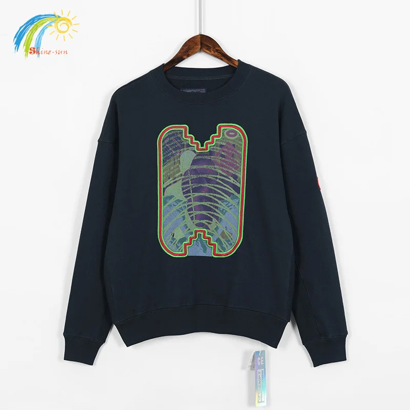 

Classic Royal Blue Spliced Cav Empt Crewneck Pullovers Abstract Line Print Contour Embroidery CAVEMPT Sweatshirts For Men Women