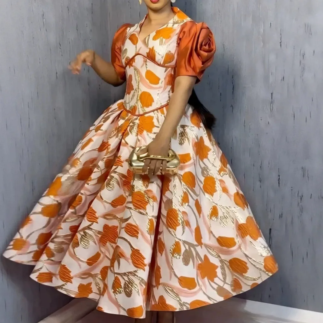 

QMANSHA Customized Orange Floral Jacquard Prom Dress Puff Sleeve A-Line Evening Gown Plus Size Formal Party Dresses for Women