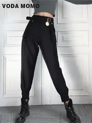 Pantalones Cargo de estilo coreano para mujer, Pantalones rectos Harajuku de cintura elástica, de pierna ancha con bolsillo, ropa de calle elástica