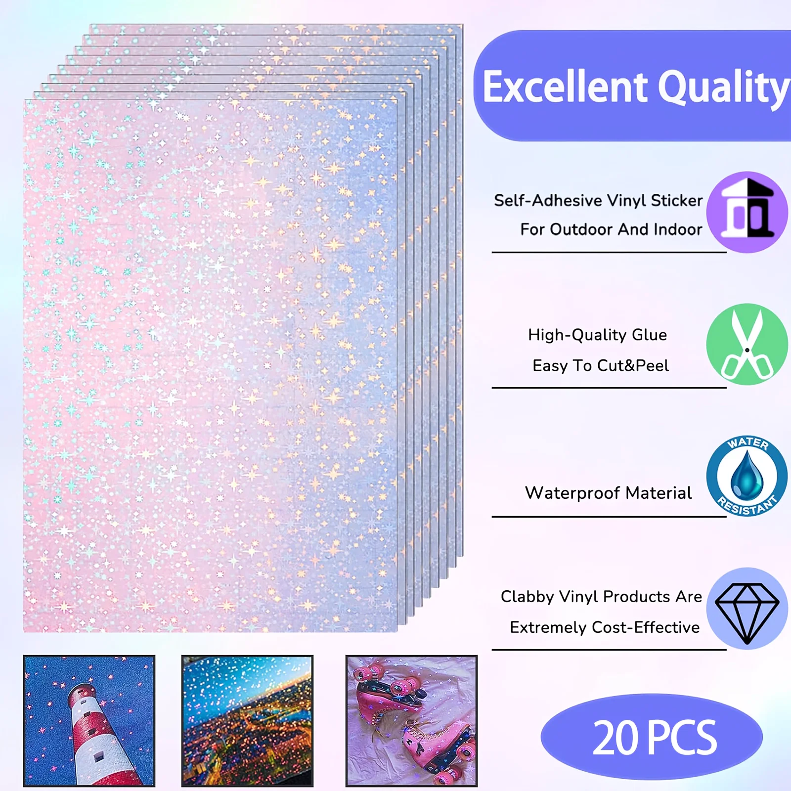 20 Sheets A4 Size Star Holographic Cold Lamination Film 8.3x11.7 Inch Clear Glitter Waterproof Sticker Film with Star Pattern