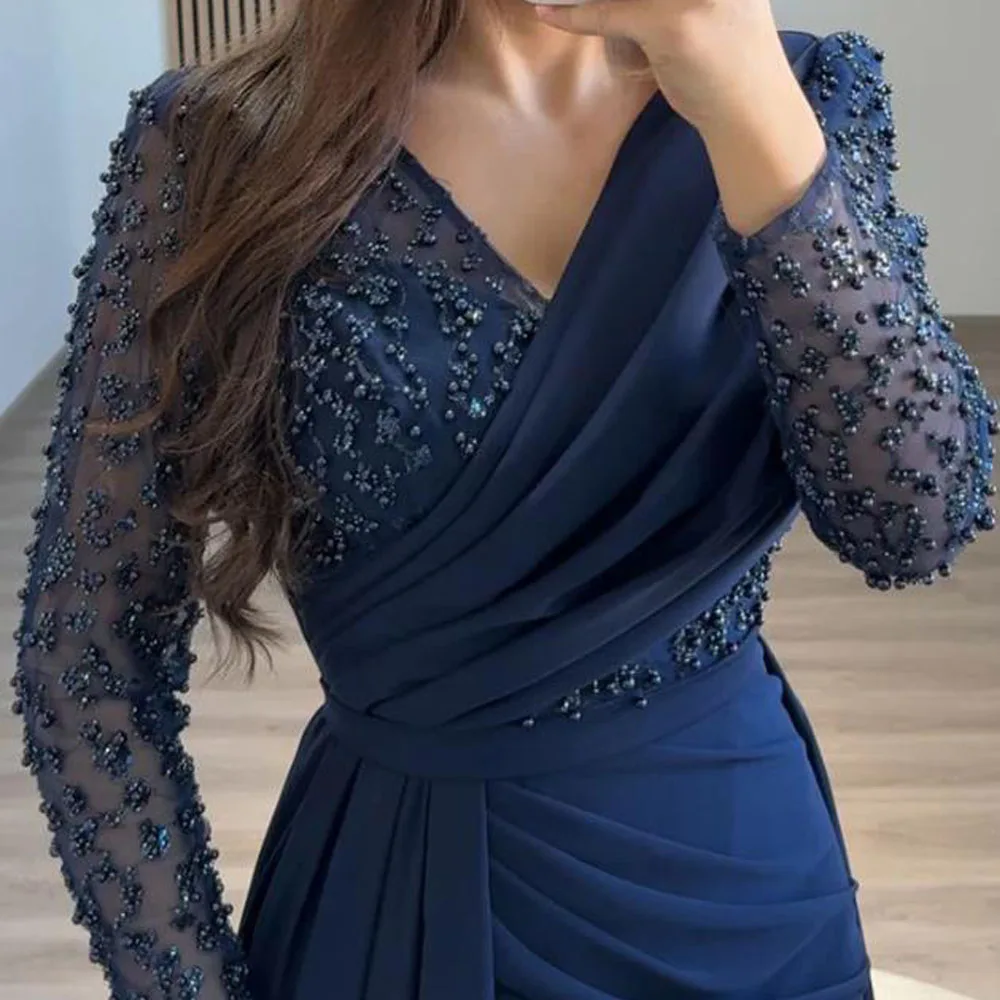 فساتين سهرة مطرزة حسب الطلب مع ذيل قابل للانفصال ورقبة على شكل V وأكمام طويلة فستان رسمي من الساتان حورية البحر لحفلات الزفاف #2