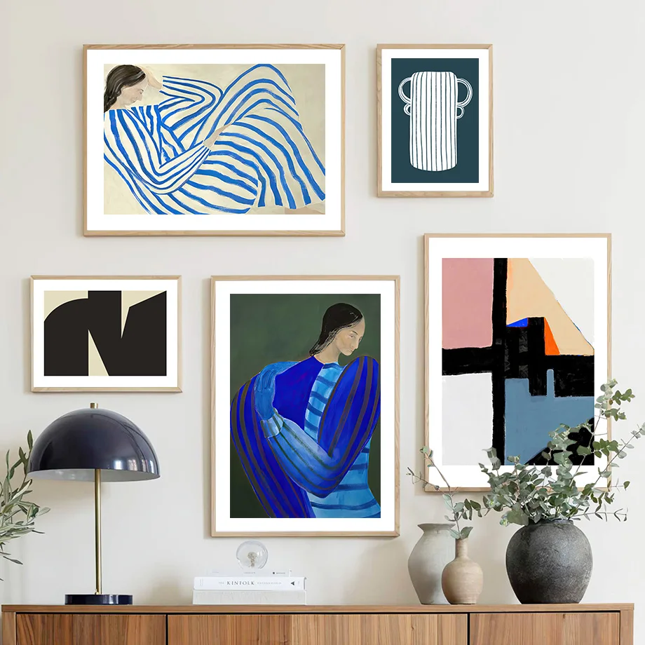 Abstract Striped pajama women Wall Art Print Geometric Lines Canvas Painting Nordic Poster Mural Decor Pictures For Living Room