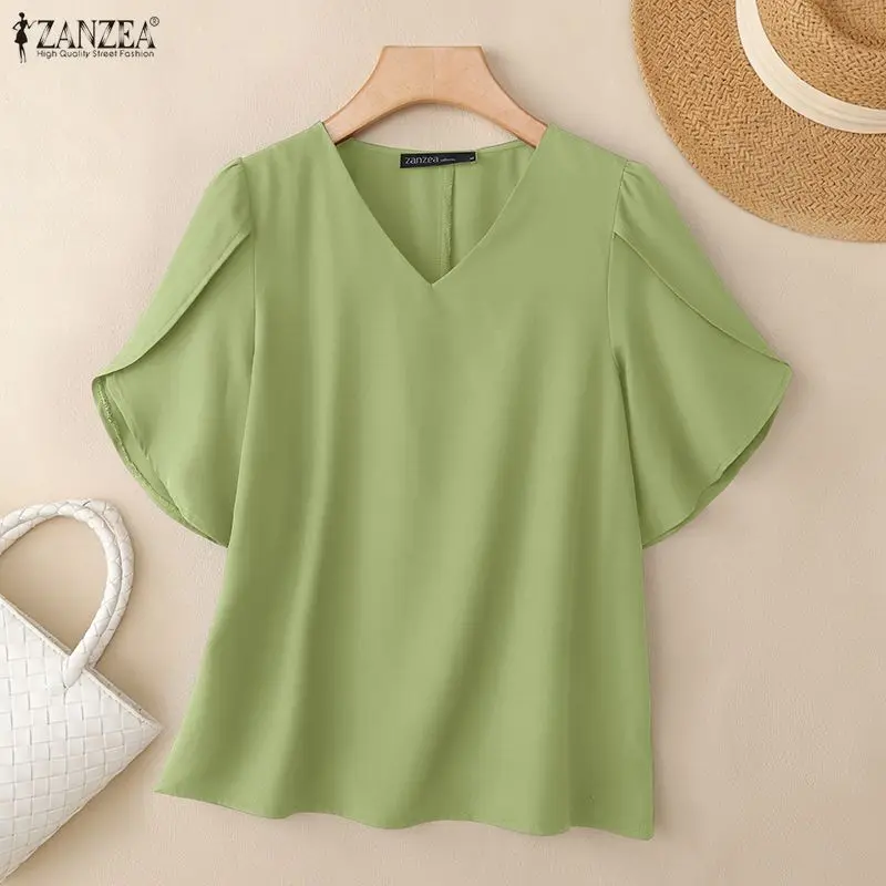 Women Summer Solid Color Blouse Office Shirt 2026 ZANZEA Casual Elegant V Neck Petal Sleeve Tops Tunic Femme Holiday Blusas