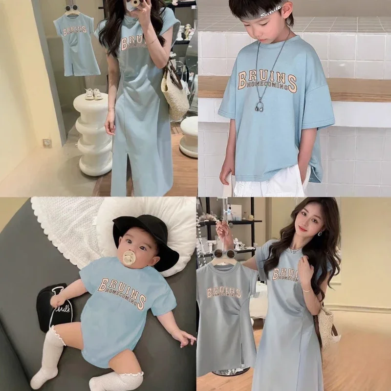 2025 Summer Family Matching Set Mom Daughter Dress Baby Romper Costumes Vestidos Dad Son Letter Print T-Shirt Vacation Outfits