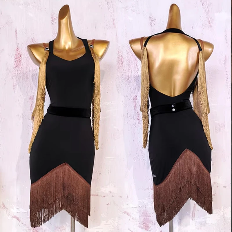 Gold Black Fringe Latin Dresses Women Latin Dance Performance Clothes Samba ChaCha Dancing Stage Outfit Adult Training Wear 5458