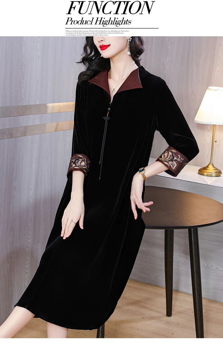 Vintage Printed Gold Velvet Dress New Fashion Temperament Women Loose Long Elegant Korean Full Sleeve Dresses