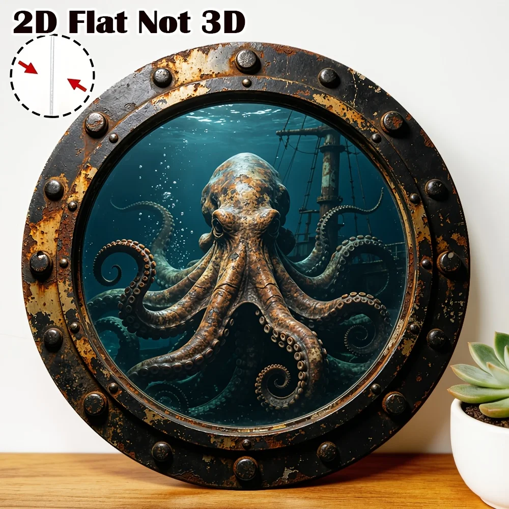 2D Flat, Metal Decor Sign, Rusty Ship Porthole Deep Sea Giant Octopus, Retro Nautical Style Bar/Garage Decor