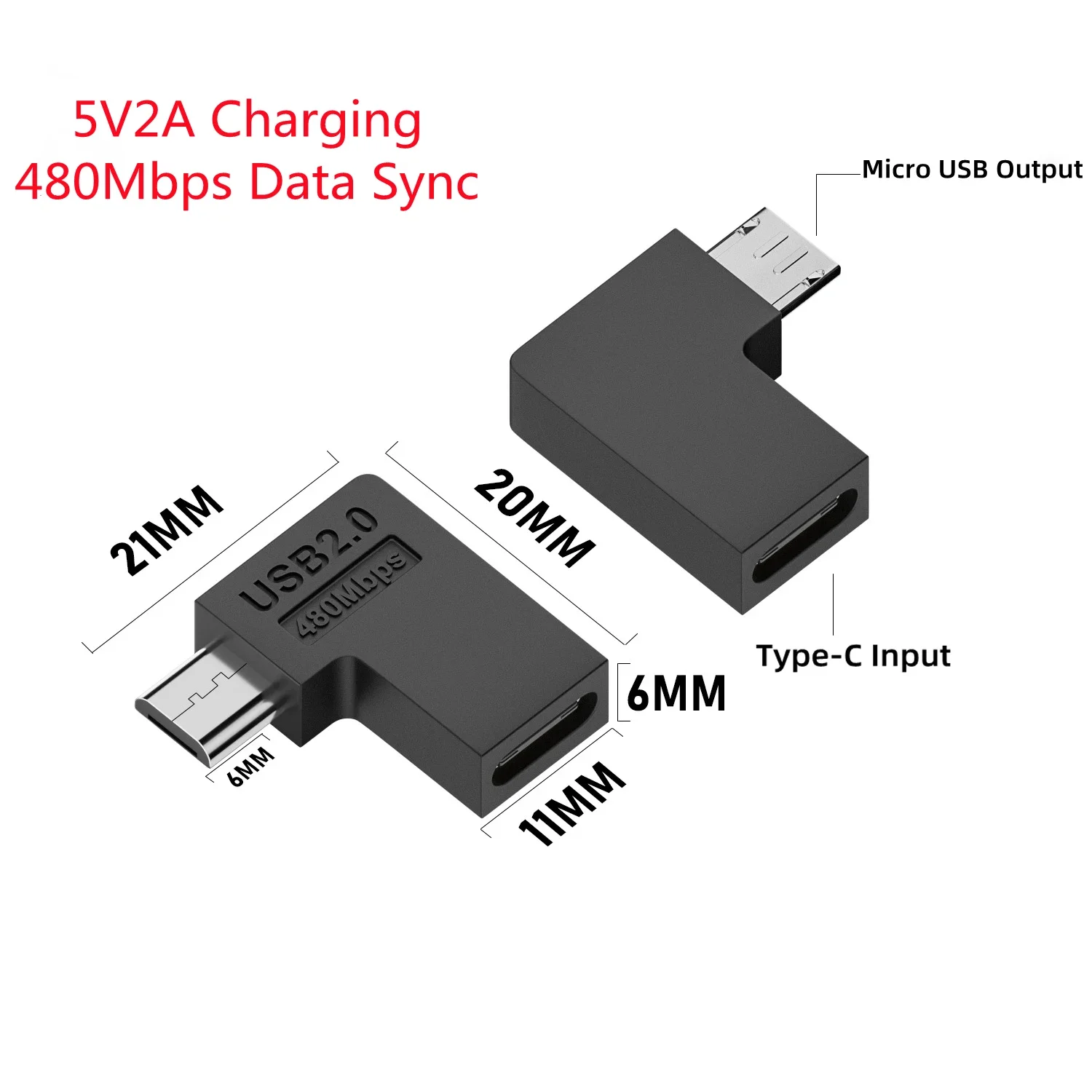 USB 2.0 Typ-C-Buchse auf Micro-USB-Stecker, 90 Grad links/rechts abgewinkelt, U-Form, 5V2A-Ladeanschluss für Android-Handys und Tablets