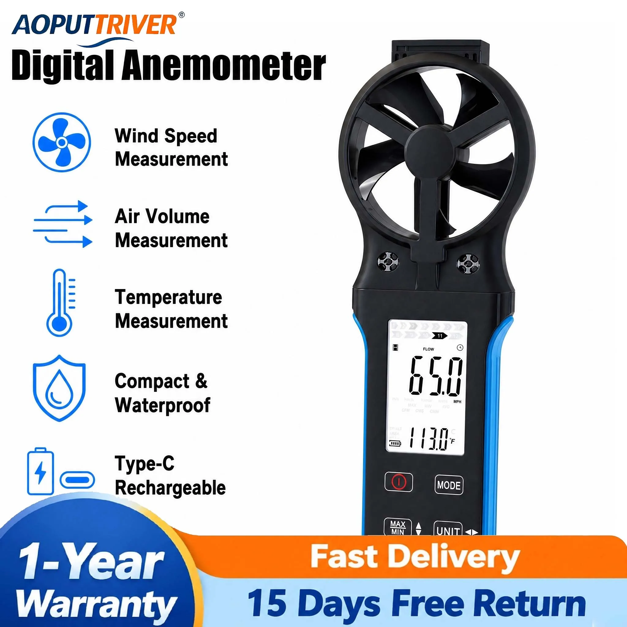 Handheld Digital Anemometer Wind Speed Meter Air Volume Tester Temperature Gauge LCD Backlight Rechargeable HVAC Drone Sailing