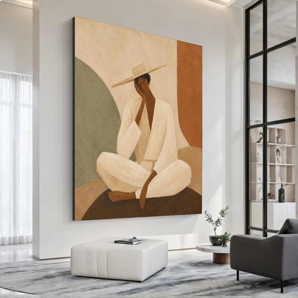 Peinture à l'huile abstraite sur toile - La fille qui réfléchit, tableau mural figuratif 100% fait main pour la décoration du salon de la maison, image murale