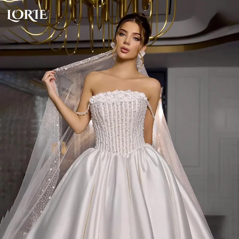 

LORIE Vintage Wedding Dresses Off Shoulder Pearls Shiny Satin A-Line Ivory Corset Bridal Gown Princess Bride Dress Customized