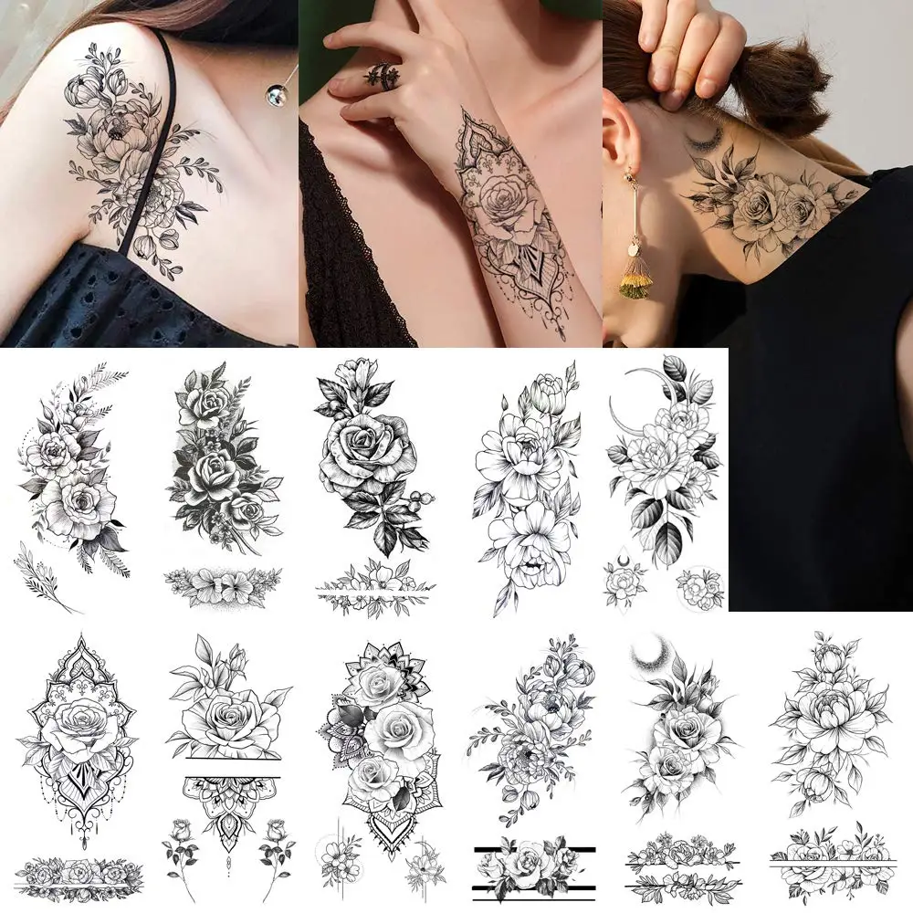 GLARYYEARS Flower Temporary Tattoo for Women, 11-Pack Henna Design Variety Pack Fake Tattoos, Floral Realistic Tattoos for Arm