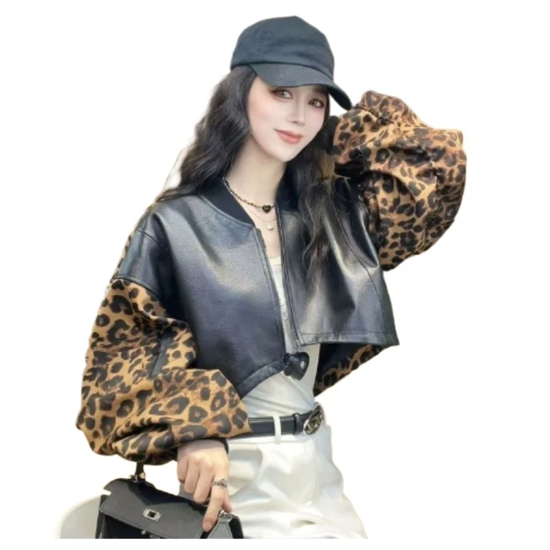 

[Hot Sale in Store] Cool Girl PU Leopard Print Jacket Women's Spring Autumn New Trendy European Station Short Jacket Top Trend