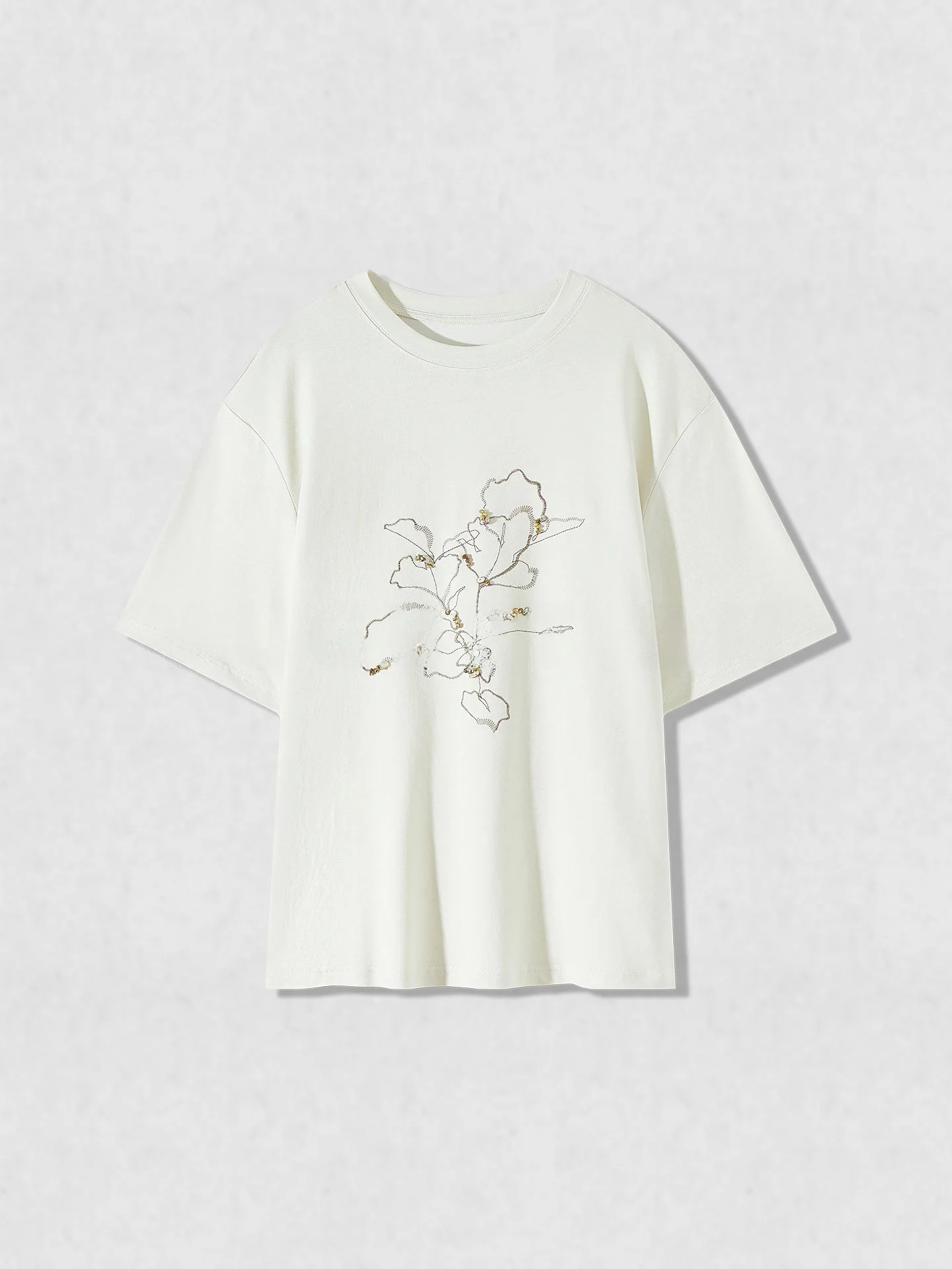 

Handmade round Neck Short Sleeve T-Shirt Women's Spring Summer Cotton Linen Lyocell Fiber Embroidered Floral Print Top