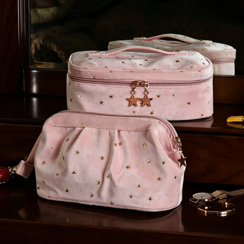 Gold Foil Star Velvet Large Capacity Makeup Pouch, Travel Cosmetic Storage Bag for Women, Jewelry & Toiletry Organizer