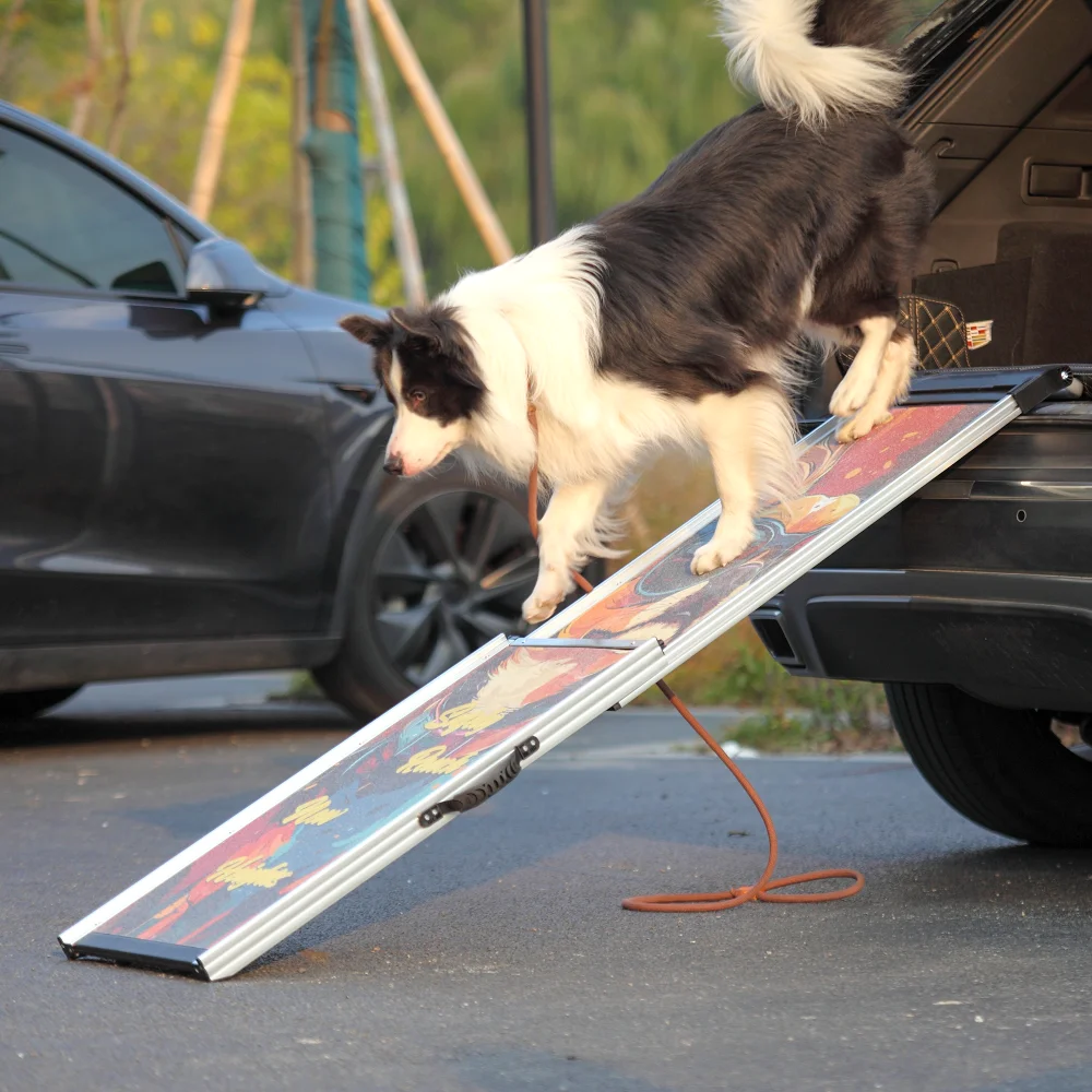 Aluminum Dog Ramp, Portable Pet Steps for Cars Trucks SUVs, Telescoping Dog Ramp with Non-Slip Surfaces, Colorful Patterns