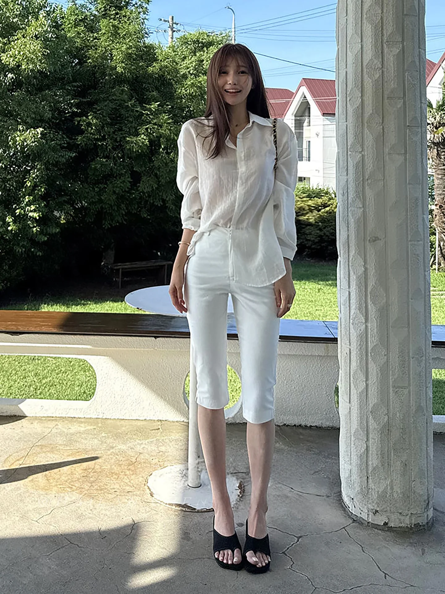 

Женские повседневные брюки с высокой талией, прямые, утягивающие, для работы, длиной до колена, с разрезами, в корейском стиле