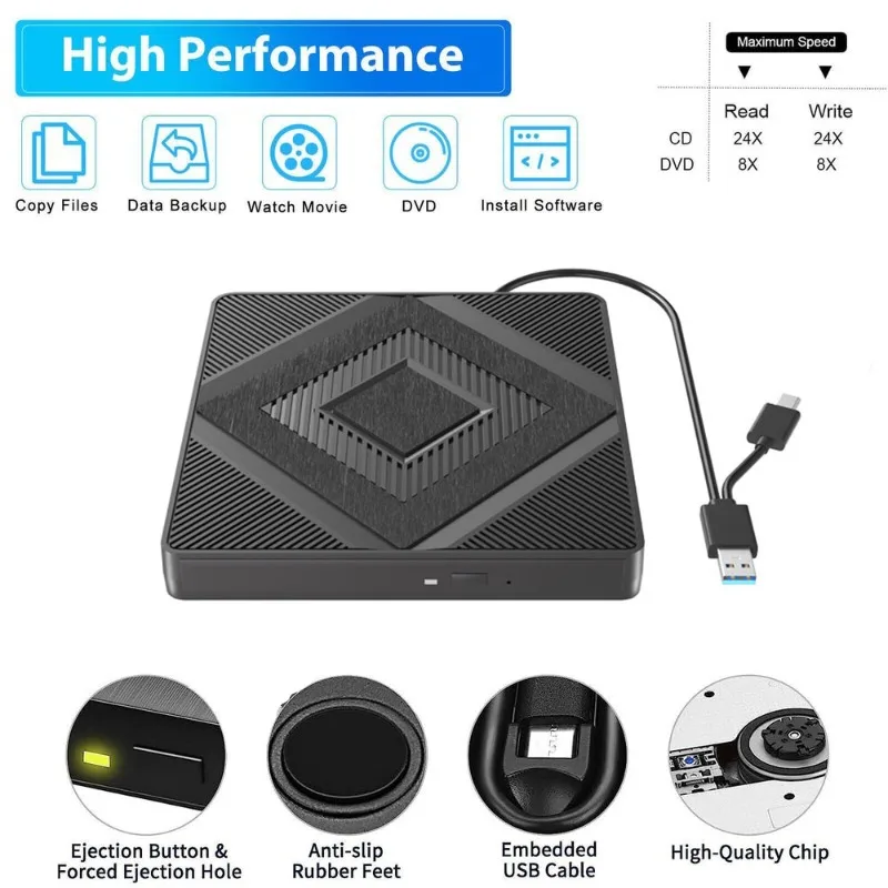 Lecteur CD/DVD externe USB 3.0 Type C Max 24X CD 8X, graveur de disque DVD, graveur pour Mac OS Linux Windows 11/ 10/ 8/ 7/ XP