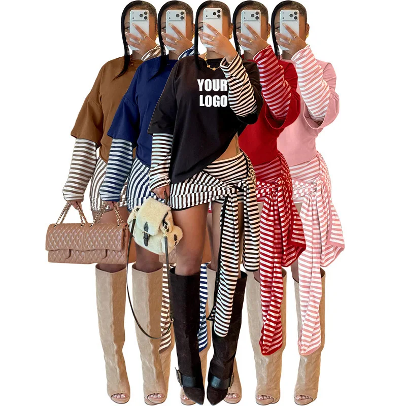Pers LOGO custom women's European  American fashion splicing long-sleeved top striped streamer strap shorts two-piece set