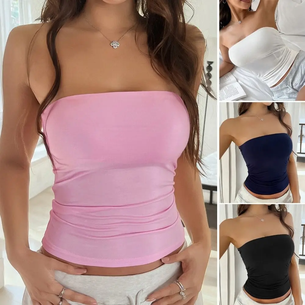 Solid Color Strapless Tube Top Ruched Side Body-Hugging Fit Knit Bandeau Top Sleeveless Cut Stretch Knit Women Crop Top