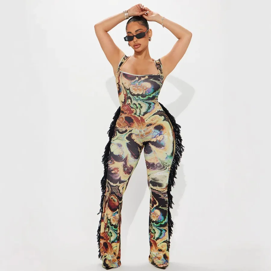 

D9781 European Women's Fashion Sexy Strappy Colorful Random Print Fringe Lace Bodysuit
