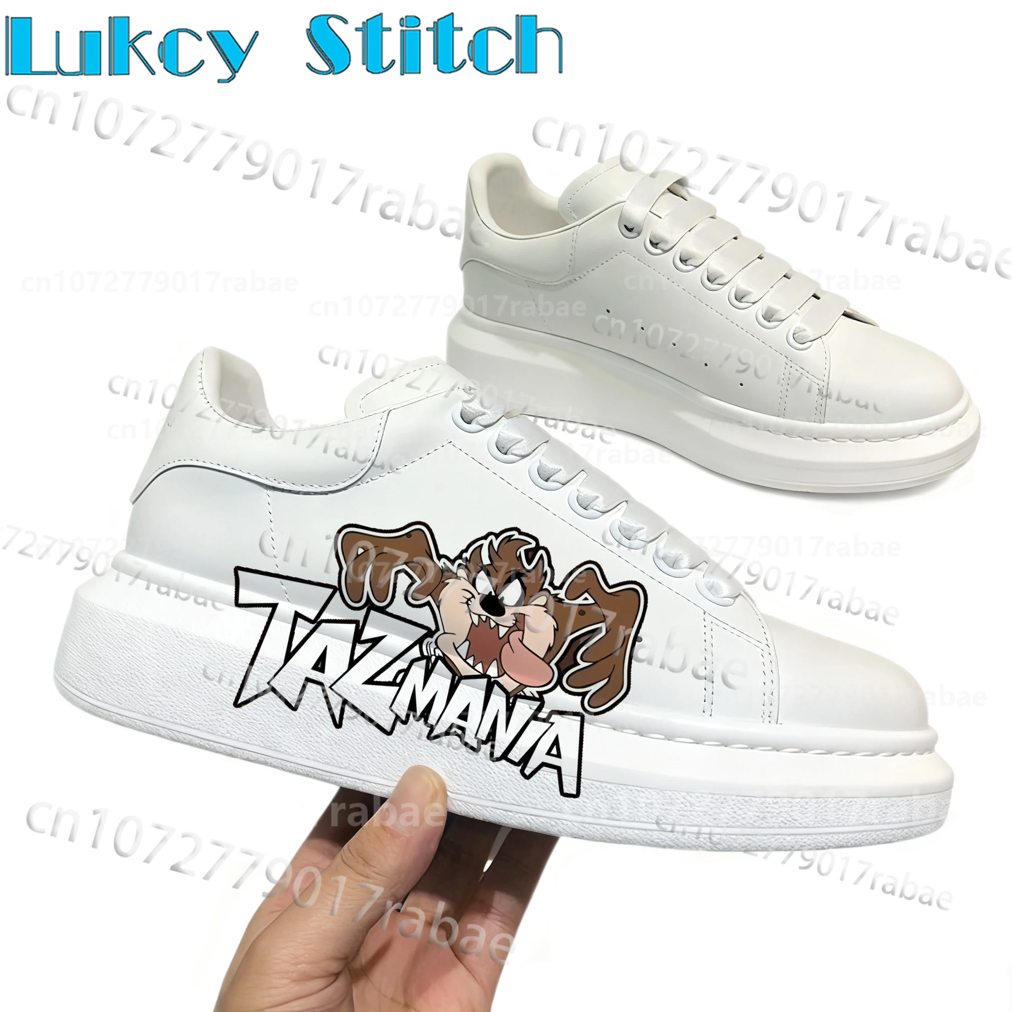 

Туфли для взрослых на толстой подошве с 3D принтом тасманского дьявола, мужские и женские дышащие белые туфли из натуральной кожи на шнуровке, подарок