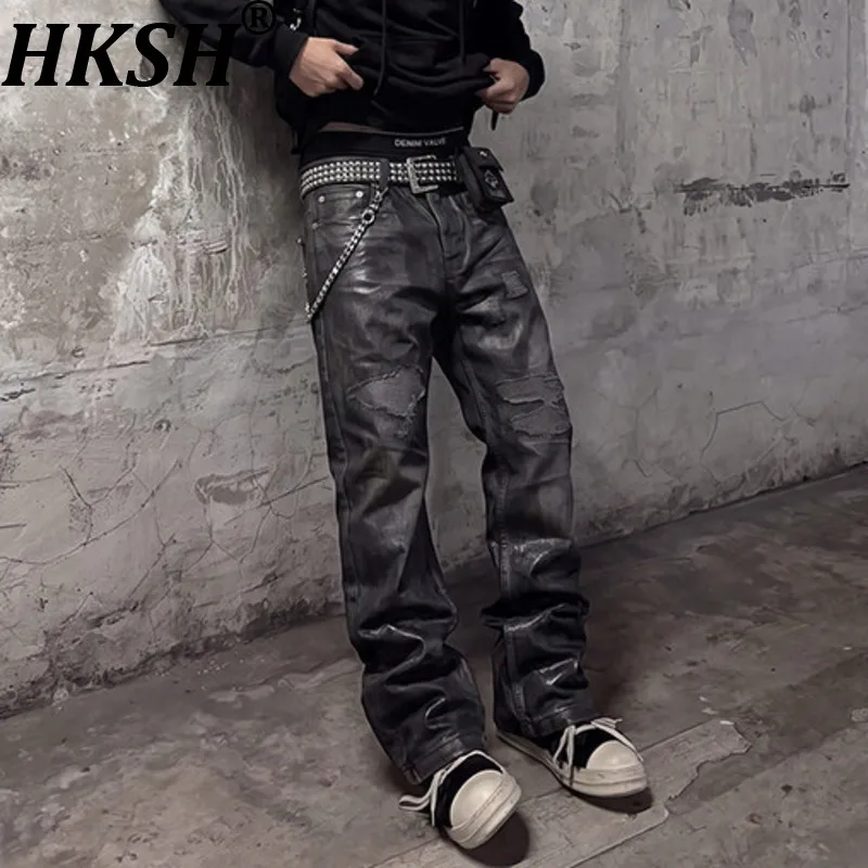 HKSH Spring Autumn New Men Tide Chic Ins Dark Punk Wax-coated Denim Pants Vintage Fashion Jeans American Retro Y2K Vibe HK28272