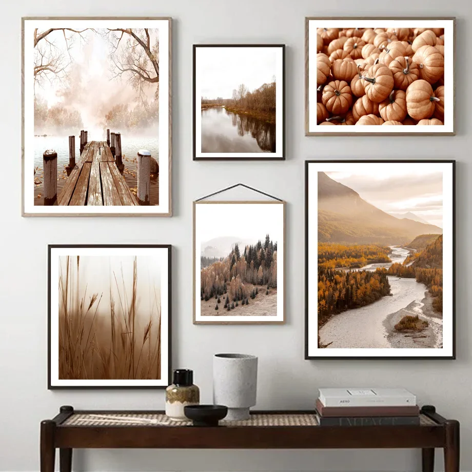 Autumn Misty Pier Reed Pumpkin Leaf Pine Wall Art Canvas Painting Nordic Posters And Prints Fall Pictures For Living Room Decor