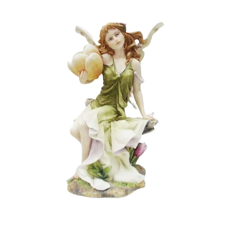 Resin Flower Fairy Figurine Sitting on Stone Holding Fruit Bouquet Green Gradient Dress Winged Elf Statue Home Decor Ornament