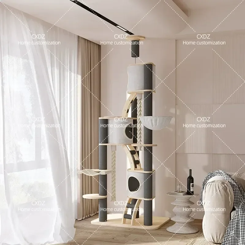 Solid Wood Cat Climbing Frame with Cave Nest Integrated Cat Tree Tower Space Capsule Large Jumping Platform Shelf for Cats