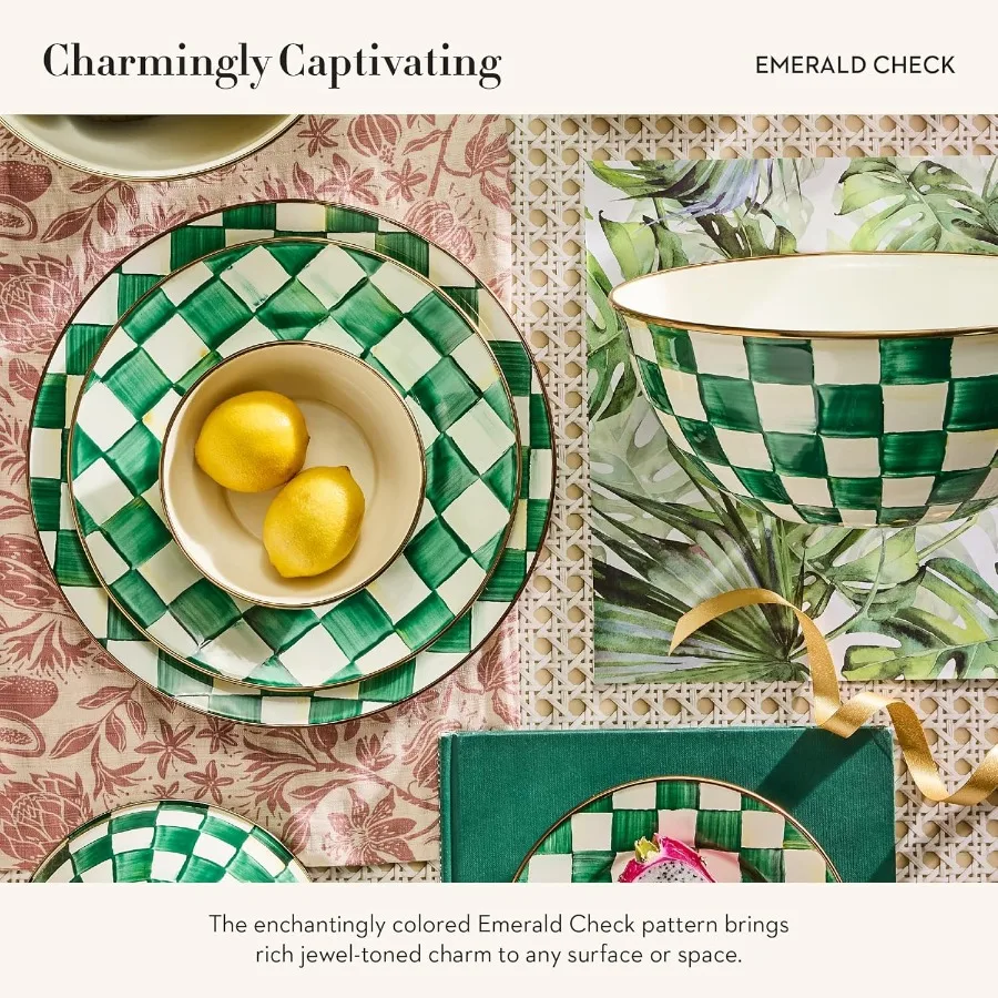 Piring Hias Enamel untuk Piring Makan atau Dekorasi Rumah 12 Inci Hijau dan Putih Motif Emerald Check
