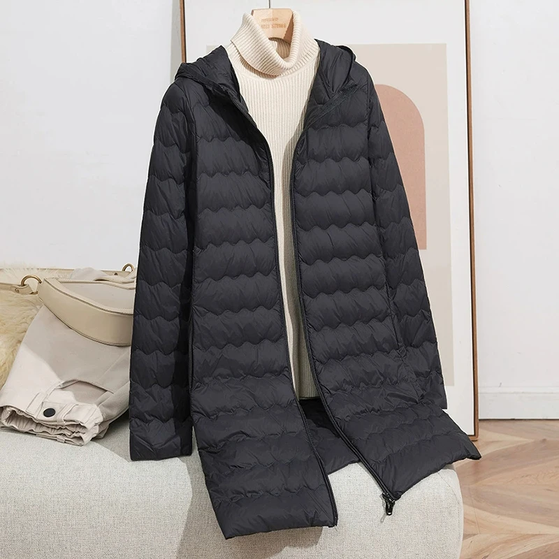 Schinteon feminino leve 90% pato branco para baixo jaqueta longa com capuz casual outono inverno alta qualidade outwear casaco 2025 novo