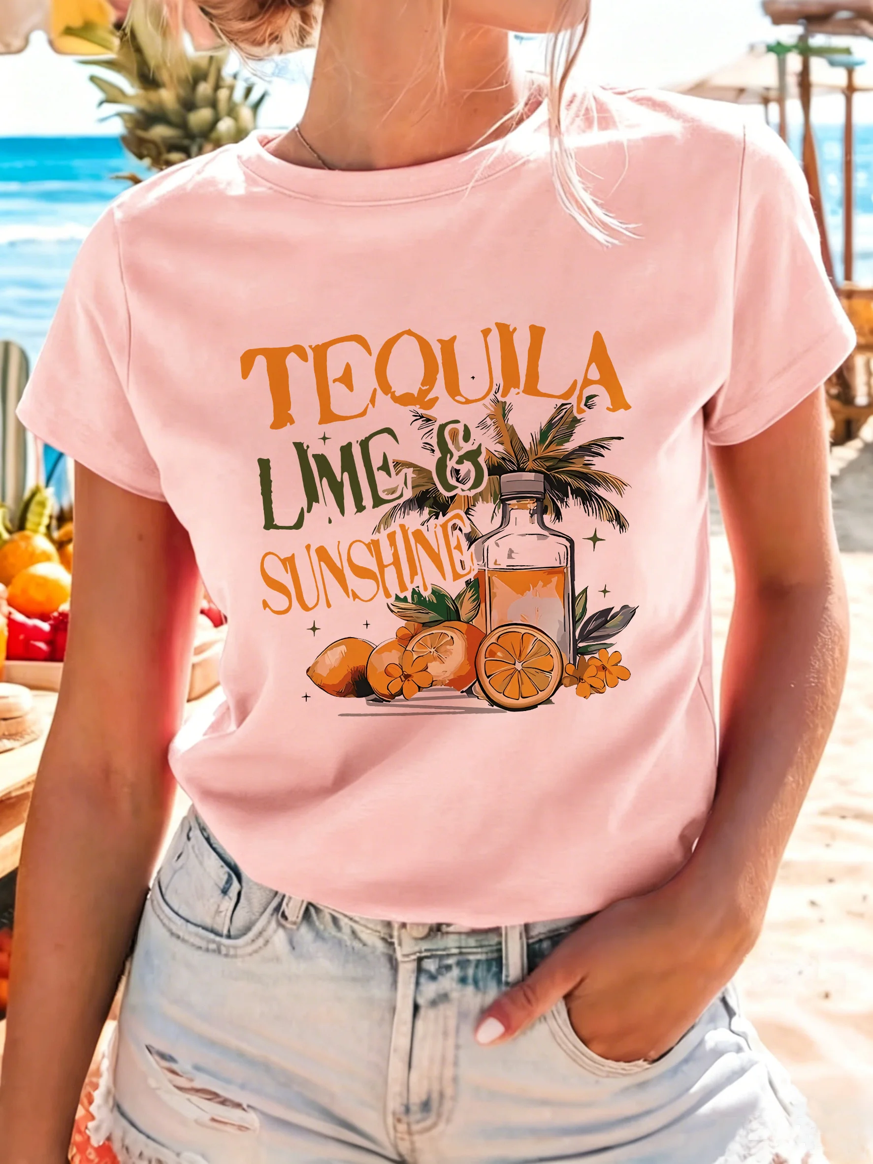 Grafisches T-Shirt mit Zitronen-Druck für Mädchen, lässiges Kurzarm-Oberteil mit Rundhalsausschnitt, Grunge-Sommerkleidung für Damen, Sommer-T-Shirt