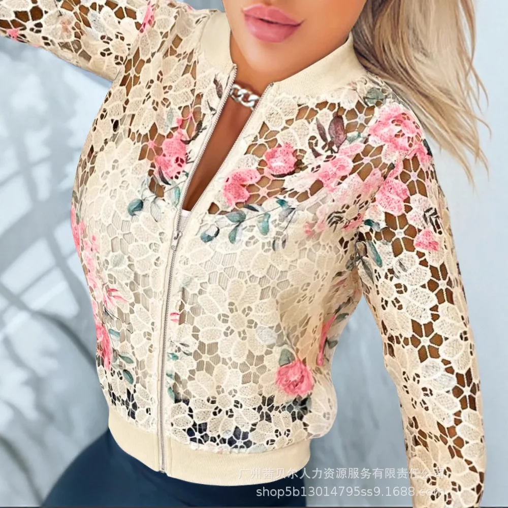 

Женское водорастворимое кружевное бейсбольное пальто на молнии с цветочным принтом, повседневная укороченная куртка-бомбер с вырезами