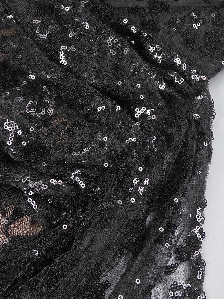 VC Glitter nero abito da Cocktail corto maniche lunghe pizzo illusione guaina in Tulle abiti da ballo per feste formali Sexy